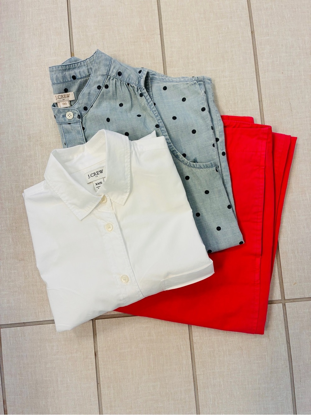 J. Crew set of 3 - White Button-Up, Polka Dot Chambray Top & Pink Chinos